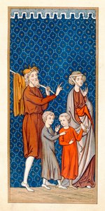 Elimelech and his wife Naomi with their two sons leaving Bethlehem after a famine, copy of 16th century miniature by French School