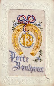 Embroidered postcard depicting Good Luck Charms, pre 1914