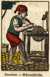 Emouleur (consists in sharpening objects with the grinding wheel); Series on Crafts, Image of Epinal of the 19th Century