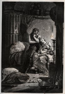 Eponine and her husband Julius Sabinus living clandestinely in a cave to escape the Vespasian emperor - engraving from L