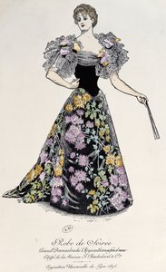 Evening dress in damask with chrysanthemum brocade on a black background, 1894 by French School