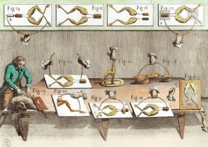 Experiment on frogs, illustration from De viribus electricitatis in motu muscumari