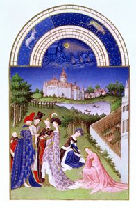 Facsimile of April: Courtly Figures in the Castle Grounds by the Limbourg Brothers, from the Tres Riches Heures du Duc de Berry by French School