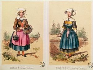 Female costumes from Ploudiry and Pont de Buis, from Les Costumes Bretons de Sorrieu