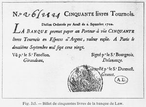 Fifty pounds French banknote from the Law Bank, dated 2nd September 1720