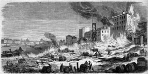 Fire of Bercy wine warehouses on 5 August 1860. Engraving in Le Monde Illustré n°174 of 11 August 1860.