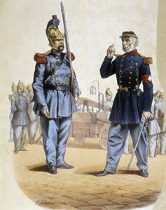 Firefighters in 1860 - drawing by Perron by French School