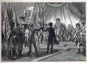 First coalition: Joachim Murat (1767-1815) presents to the Executive Board the flags conquered by the French army, commanded by Napoleon Bonaparte, during the Italian campaign. Engraving from 1889. Private collection by French School