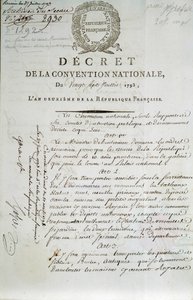 First page of the decree of the National Convention of 27/07/1793 establishing the Palais du Louvre as a museum by French School