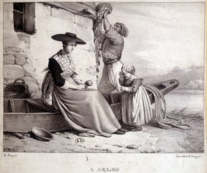 Fisherman, his wife in regional costume and their child in Arles by French School