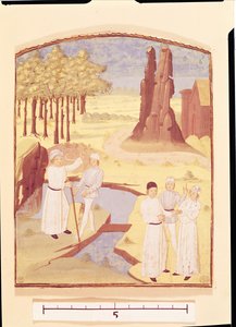 Five people discussing garden design, from Livre des Prouffitz Champestres by Pietro de Crescenzi (1230-1320) by French School