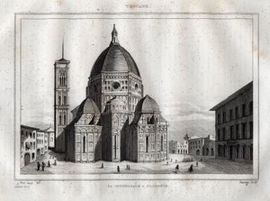Florence Cathedral - View of the Cathedral of Florence (Duomo Santa Maria del Fiore). The dome was made by Filippo Brunelleschi around 1420-1436, Florence, Italy - Engraving from “Italy Picturesque” - Historical and Descriptive Table of Italy by M. de