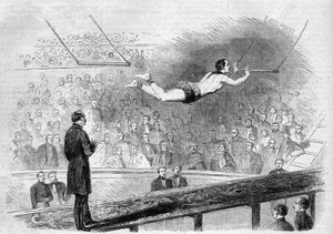 Flying trapeze number by French acrobat Jules Leotard at Cirque de Napoleon, Paris