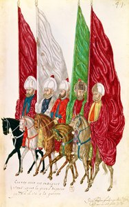 Men with Standards Following the Seigneur to War, from Moeurs et Costumes des Pays Orientaux et Habillements de Differents Pays, copy of an original of 1513 by French School