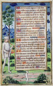 Fol.50v Page of text with a border detail of a musician making his dog dance, from 