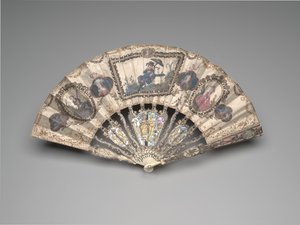 Folding fan with a chinoiserie scene, portraits, pastoral figures, and still lifes