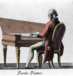 Forte Piano player. Engraving from the end of the 18th century by French School