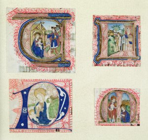 Four historiated initials depicting the Adoration of the Magi, the Crib, David and Bathsheba and Christ in the Garden by French School