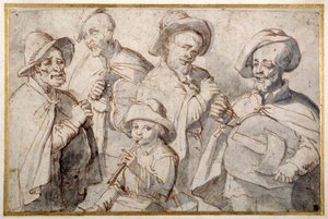 Four hurdy-gurdy players and a boy with a pipe by French School