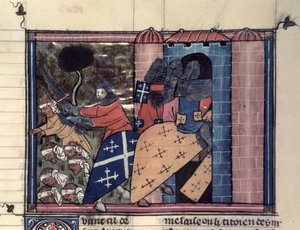 Mounted Crusaders fighting against the Saracens