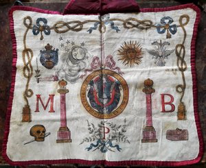 Freemasonry: apron in leather of master mason decorated with symbols and emblems of Freemasons