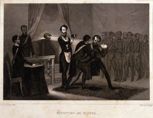 Freemasonry: reception and initiation rite of the Master. Engraving from 