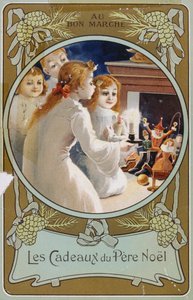 French Christmas card showing girls with a candle on Christmas Eve
