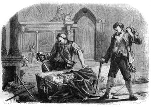 French Revolution (Convention): opening of the coffin of King Henry IV during the desecration of the royal tombs of the church of Saint Denis in 1793. Engraving from 1860