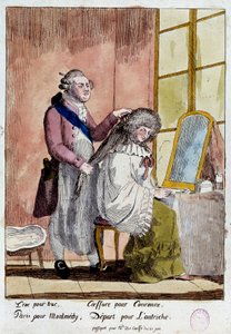 French Revolution: Cartoon on the flight of the royal family to Varenne on 20 and 21/06/1791: King Louis XVI styling Queen Marie Antoinette was supposed to leave with the false passport of governess of the children of the Baroness of Korff. Anonymous colou by French School