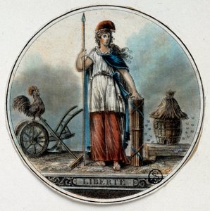 French Revolution: allegory of Liberty as a woman near a beehive and a rooster by French School