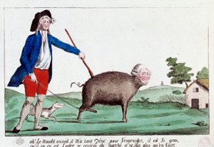 French Revolution: Cartoon Depicting a Revolutionary Bringing Louis XVI Back in the Shape of a Pig and Not Knowing What to Do with It, 1792. Anonymous Colored Etching, Paris, Musee Carnavalet