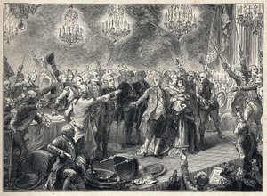 French Revolution: the royalists swear loyalty to the monarchy in the presence of King Louis XVI (1754-1793) of Queen Marie Antoinette (1755-1793) and the dauphin at the banquet of the bodyguards organized on 1 October 1789 in the Orangerie de Versailles by French School