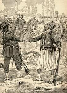 French and Sardinian soldiers shaking hands to celebrate their victory against the Austrians after the Battle of Palestro, Italy