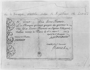 French banknote for ten pounds from the Law Bank, dated 1st April 1719