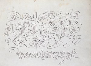 French calligraphy: Plate of capital, engraving of Frisius, calcographer of the king by Robert Vignon in the garden of writing around 1600 by French School