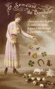 French postcard depicting La Semeuse de Bonheur (The Sower of Good Luck), 29th March 1914 by French School