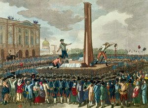 French revolution: execution in the guillotine of King Louis XVI, the executioner presents his cut head by French School