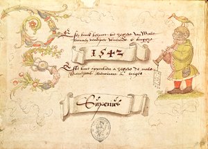 Frontispiece from Recueil de chants religieux et profanes IX depicting a bespectacled man playing a wind instrument with a bird on his head, 1542 by French School