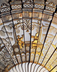 Full Rib Brise Hand Fan with Chinoiserie in Ivory, Gold Sequins and Ribbon and Silk Satin Piping