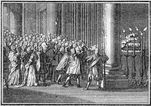 Funeral of a Pope in the 18th century: the body of the Pope exhibits three days in the Church of St. Peter in Rome. Engraving in Histoire des religions