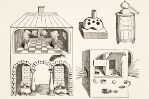 Furnaces and various apparatus used by chemists and alchemists in Middle Ages, after an engraving by Vriese, from Science and Literature in The Middle Ages by Paul Lacroix pub. London 1878 by French School