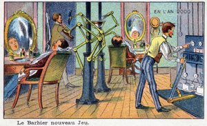 Futuredays: A Nineteenth Century Vision of the Year 2000 - Series “In the Year 2000”: The new game barber (automatic machine). Chromolithography by Villemard