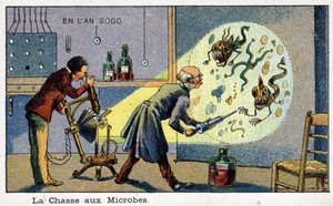 Futuredays: A Nineteenth Century Vision of the Year 2000 Series: The Hunting of Microbes (2 scientists removing enlarged microbes using a machine). Chromolithography by Villemard