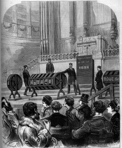 Game of chance: draw of the National Lottery in the Trocadero festivities hall on 6 January 1879 in Paris. Engraving in Le Monde Illustré n°1140 of 1 February 1879. by French School