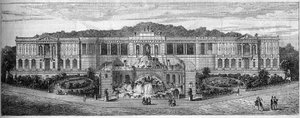 General view of the Palais de Longchamp in Marseille, as imagined by Frederic Auguste Bartholdi in 1859. Engraving in Le Monde Illustré n°681 of April 30