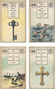 German edition of the Lenormand French cartomancy deck: The Key, The Fish, The Anchor, The Cross, published by Dondorf, Frankfurt, 19th Century