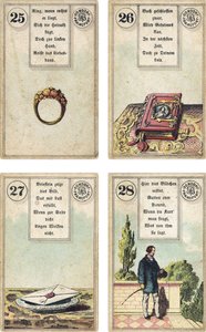 German edition of the Lenormand French cartomancy deck: The Ring, The Book, The Letter, The Gentleman, published by Dondorf, Frankfurt, 19th Century