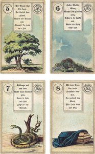 German edition of the Lenormand French cartomancy deck: The Tree, The Clouds, The Snake, The Coffin, published by Dondorf, Frankfurt, 19th Century
