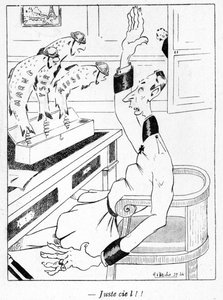 German officer receiving three April Fishes, cartoon from the April Fools Day edition of La Baionette magazine, 29 March 1917