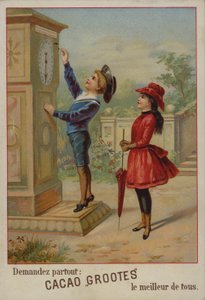 Girl Watching a Boy Adjusting a Clock by French School